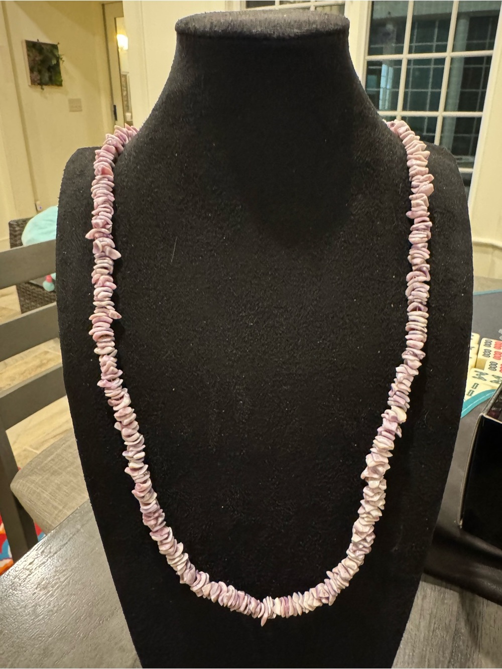 Purple Pink Shell Chip Bead Necklace Long Natural Style Gold Tone Clasp